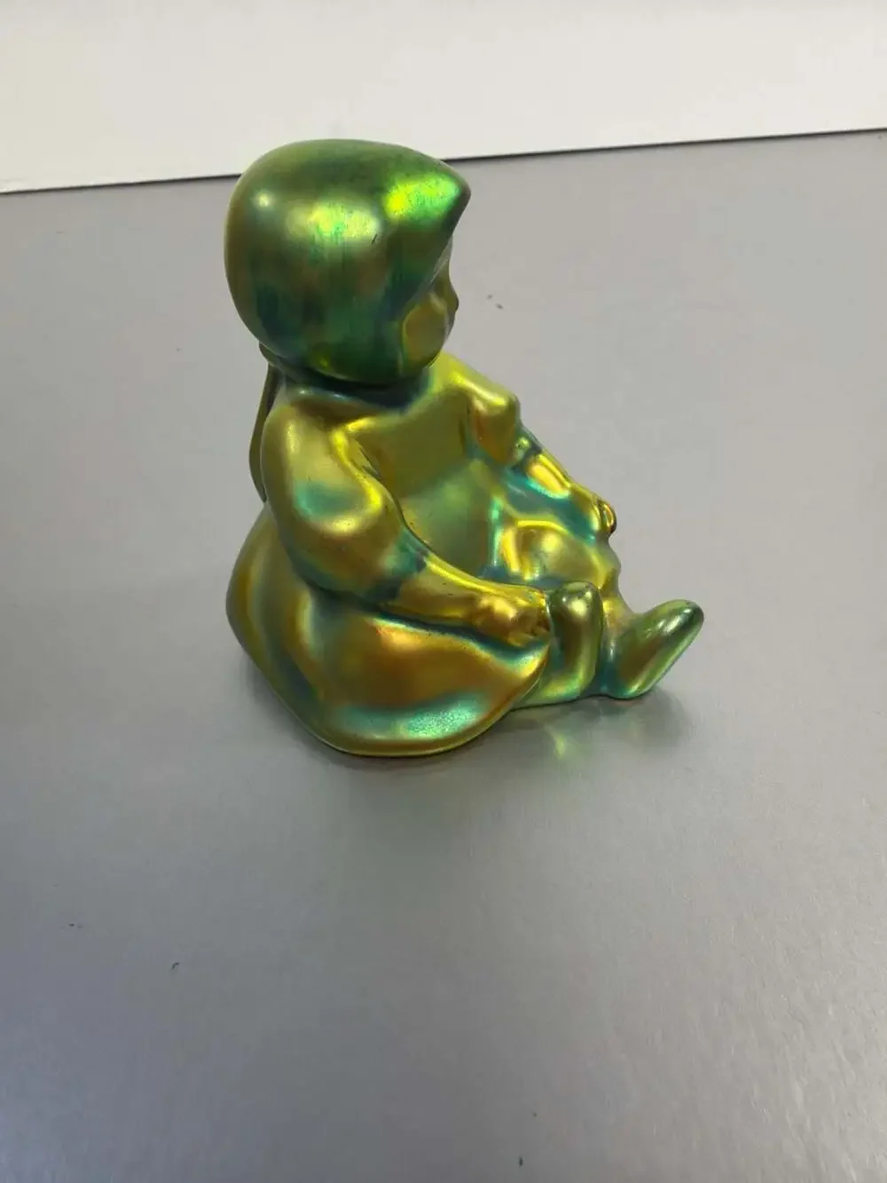 Zsolnay Eosin Iridescent Green Sitting Child Baby Figurine‎ Hungary